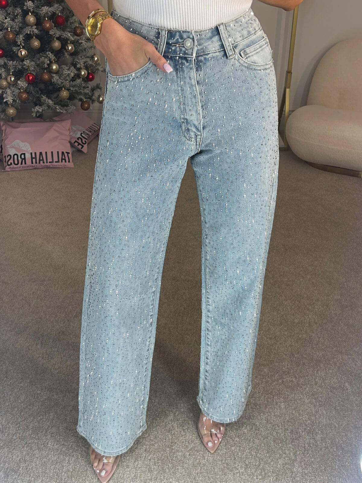 Maeve| High Waist Diamante Straight Jeans